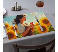 Tovagliette blu Una donna gode di un bicchiere di vino tra girasoli tovagliette da pranzo di alta qualità per cucina e sala da pranzo tovagliette rosa (4 pezzi)