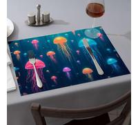 Tovagliette da pranzo dorate con meduse colorate che si illuminano nell'oceano profondo, tovaglia occidentale per cucina e sala da pranzo (4 pezzi)