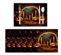 Tovagliette Lavabili Camera Oscura, Set di 8 Tovaglietta Zucche E Candele Resistenti al Calore Antiscivolo Decorazione per Tavolo da Cucina e Ristoranti, Marrone