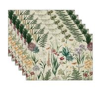 Tovagliette Lavabili Illustrazioni Di Piante, Set di 6 Tovagliette Colazione Felce in Cotone e Lino Tovaglietta Americane Antiscivolo Resistenti al Calore per Tavolo da Cucina, Verde