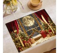 Tovagliette Natalizie, Sottopiatti Natalizi Americane, Tovaglietta Natale Lussuoso Colazione, Sottopiatto Vista Notturna Dalla Finestra Lavabili Lino Set, Tovagliette Tavola Rosso Borgogna Americana
