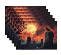 Tovagliette Rosso-Arancio Corvi Del Cimitero Set Di 2Pcs Ornamenti Tappetini In Lino Dipinti Strani Tovaglietta Lavabile Antiscivolo Sottopiatti Halloween Decorazione Sala Da Pranzo Feste 45 X 30 Cm