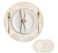 Tovagliette Rotonde Antiscivolo Resistenti Al Calore Set di 4 Fiore di Rosa Tovagliette 38x38cm Lavabili Pvc Tovagliette Colazione per Partito, Cucina,Anniversari (4, Oro Bianco)