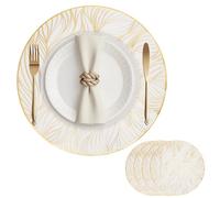 Tovagliette Rotonde Antiscivolo Resistenti Al Calore Set di 4 Tovagliette 38x38cm Lavabili Pvc Tovagliette Colazione per Partito, Cucina,Anniversari, Feste Natalizie Oro Bianco