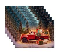 Tovagliette Una Calda Scena Notturna Di Natale, Camion Rossi Ed Elementi Pino Tovaglietta Di Lino,Set Di 6 Tovagliette Primaverili, Per Cene, Feste, Vacanza, Interni, Esterni, Primaverili, 45 X 30 cm