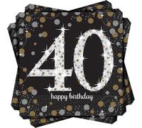 amscan- Tovaglioli Glitterati per Il 40° Compleanno, 33 cm, 16 Pezzi, Nero/Oro, 40th Birthday, 10022250