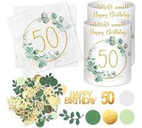 tovaglioli compleanno + 12 lanterne da tavolo + 100 coriandoli verde compleanno donna uomo eucalipto decorazione tavolo (50 anni)