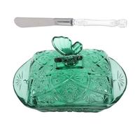 TOVINANNA Burriera in Vetro Verde con Coperchio e Coltello Contenitore Ermetico Compatto per Burro da Banco Vassoio Vintage Multifunzione per Formaggi Torte e Conservazione in