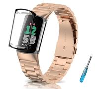 ToVioc Cinturino Compatibile con Fitbit Charge 6, Cinturini di Ricambio Regolabile in Acciaio Inossidabile Metallo Compatibile con Fitbit Charge 5 - Oro Rosa + TPU Cover Nero