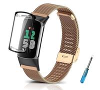 ToVioc Cinturino Compatibile con Fitbit Charge 6,Cinturini Ricambio in Acciaio Inossidabile per Fitbit Charge 5 - Oro Rosa + TPU Cover Nero