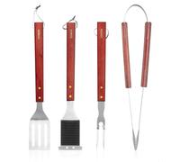 Tower Set di 4 Attrezzi per Barbecue con Manici in Legno d'Acero Rosso, spatola, forchetta, pinze e Spazzola per la Pulizia, in Acciaio Inox