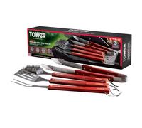 Tower Set di 4 Attrezzi per Barbecue con Manici in Legno d'Acero Rosso, spatola, forchetta, pinze e Spazzola per la Pulizia, in Acciaio Inox