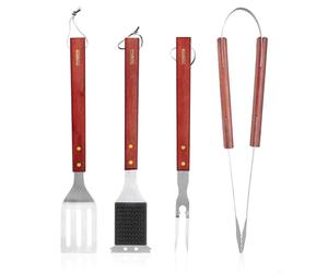 Tower Set di 4 Attrezzi per Barbecue con Manici in Legno d'Acero Rosso, spatola, forchetta, pinze e Spazzola per la Pulizia, in Acciaio Inox