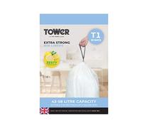Tower T878000 - Sacchetti per la spazzatura con coulisse, 42-58 l, profumati al limone, resistenti, confezione da 20, colore: bianco
