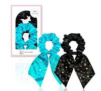 townssilk Seta Scrunchie - Set da 2 pezzi, con fiocco, 100% seta di gelso, voluminoso e delicato, certificato Oeko-Tex - nero + blu