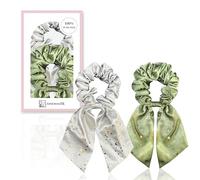 townssilk Seta Scrunchie - Set da 2 pezzi, con fiocco, 100% seta di gelso, voluminoso e delicato, certificato Oeko-Tex - Silver + verde prato
