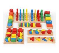 TOWO Forme Geometriche di Legno e Tavole delle Frazioni - Gioco di Selezione e Accatastamento con Formine in Legno - 8 Set in 1 - Gioco Educativo Montessori con Accatastamento e Selezione