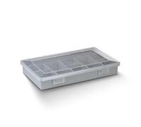 TOX assortimento plastica robusta, 9 scomparti, suddivisione fissa, scatola di smistamento per lo stoccaggio chiaro di piccoli pezzi grazie al coperchio trasparente, impilabile, grigio, 094900909