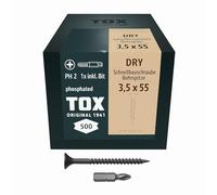 TOX Viti per cartongesso DRY BS 3,5 x 55 mm, viti fosfatate nere con filettatura fine + punta, cartongesso su sottostruttura metallica, PH2, 500 pezzi, incl. 1x punta, 142553213555