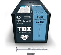 TOX viti per costruzioni in legno TIMBR TK 6,0 x 120 mm, testa a disco, TX30, facile avvitamento e un'elevata capacità di carico nelle costruzioni in legno, 100 pezzi incl. 1x punta, 1120804160120
