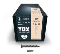 TOX viti per gesso su gesso DRY G 5,5 x 38 mm, viti fosfatate nere con testa a tromba + filettatura grossa, collegamento sicuro di 2 lastre di gesso, PH2, 500 pezzi, incl. 1x punta, 142743215538