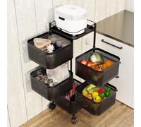 toxaaiwr Cestino da cucina a 5 ripiani, in metallo, con ruote a 360°, carrello portaoggetti in rete metallica per frutta, carrello portaoggetti per casa e ufficio, nero, 5 ripiani