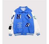 TOXI Giacca con Lettera Patchwork American Retro Risvolto Floccaggio Uniforme da Baseball Giacca Bomber Techwear Unisex Stile Hong Kong Amante-Blu,M