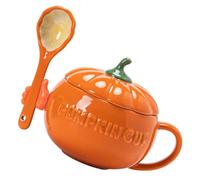 TOYANDONA Mug di Ceramica a Forma di Zucca, con Coperchio e Cucchiaio | Arancione, Bordo Liscio e Manico Ergonomico, per Caffè, Tè, Ufficio e Merenda