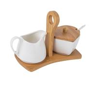 TOYANDONA Zuccheriera e Lattiera in Ceramica Bianca con Manico in Bamboo Cucchiaio e Vassoio Antiscivolo per Conservazione Spezie Cucina