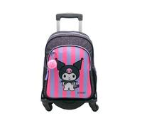 TOYBAGS Zaino scuola Kuromi - Doppio scomparto - con accessorio POM-POM - adattabile + carrello nero protezione laterale e stopper frontale anti caduta 4 ruote girevoli - 44 x 30 x 20 cm