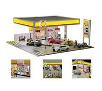 ToyGhillied Shell Gass Station Scala Modello 1/64, Diorama Architettonico Dettagliato con Luce per Espositori Auto, Ediecast Edificio da Collezione per Veicolo H0 (Veicoli e Figure non Inclusi)