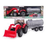 Toyland® 36cm (14“) Set da gioco agricolo con trattore rosso, caricatore frontale e rimorchio cisterna staccabile - 1:32 Scala - Veicolo giocattolo da collezione a tre ruote per bambini