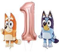 Toyland® Bluey & Bingo Foil Balloon Pack - 2 palloncini con personaggi da 32" e 1 palloncino con numeri da 40" - Decorazioni per feste per bambini