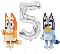 Toyland® Bluey & Bingo Foil Balloon Pack - 2 palloncini con personaggi da 32" e 1 palloncino con numeri da 40" - Decorazioni per feste per bambini