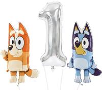 Toyland® Bluey & Bingo Foil Balloon Pack - 2 palloncini con personaggi da 32" e 1 palloncino con numeri da 40" - Decorazioni per feste per bambini