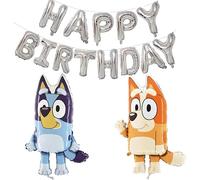 Toyland® Bluey & Bingo Foil Balloon Pack - 2 x 80cm (32") Character Balloons & 1 x 16" Silver Happy Birthday Balloon Banner - Kids Party Decorations