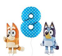 Toyland® Confezione di palloncini Foil Bluey e Bingo - 2 palloncini con personaggi da 32 "e 1 palloncino con numeri spotty da 40" - Decorazioni per feste per bambini