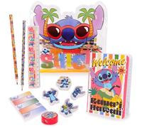 Toyland® Disney Stitch Astuccio completo - Include: quaderno, 2 matite, 4 gomme con personaggi, 1 temperino, righello e 125 post-it - Set di cancelleria scolastica - Accessori da disegno da viaggio
