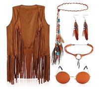 TOYMIS 5 Pezzi Set di Costumi Hippie Anni '60 e '70 per Donna Occhiali da Sole Collana Orecchini Cerchietto Intrecciato con Piume Gilet Nappa Set di Accessori Hippie Costume (M)
