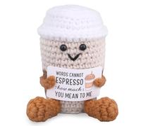 TOYMIS Caffè Uncinetto Positivo, Fatto a Mano Tazza Caffè Supporto Emotivo con Card Supporto Bambola Espresso Lavorata a Maglia Decorazione Scrivania Divertente per Amici Regalo Incoraggiamento