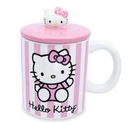 Toynk Sanrio Hello Kitty - Tazza in ceramica con coperchio, motivo a righe rosa, per tè, espresso, cacao, contiene 510 ml