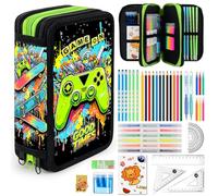 TOYTOPIE Astuccio Scuola 3 Zip, Nero e Verde Gioco, Portapenne Triplo Scomparto Accessoriato Con Matite e Colori, Accessori Scuola, Accessori Zaino, Scuola & Tempo libero, Scuola Elementare, Bambino