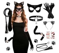 TOYTOPIE Costume da Gatto per Donna, Set Accessori Costume Gatto con Fascia Orecchie, Maschera, Guanti, Coda, Collarino con Campanellino, Frustino e Tatuaggi, per Halloween Carnevale Cosplay Feste