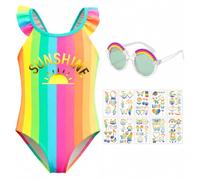 TOYTOPIE Costume Intero da Bagno per Bambina Arcobaleno Multicolore Set Estate 3 Pezzi con Occhiali da Sole e Tatuaggi Temporanei per Vacanze Estive Piscina e Mare, 3-6 Anni