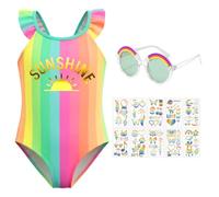 TOYTOPIE Costume Intero da Bagno per Bambina Arcobaleno Multicolore Set Estate 3 Pezzi con Occhiali da Sole e Tatuaggi Temporanei per Vacanze Estive Piscina e Mare, 4-7 Anni