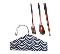 Toyvian Set di Posate Giapponesi in Legno Riutilizzabili con Cucchiaio, Forchetta e Bacchette, Custodia da Viaggio Portatile in Cotone per Pasti Quotidiani e Viaggi