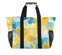 tplaotee Astratto Acquerello Fiore Giallo Giallo Azzurro Utility Borse Riutilizzabili Shopping Bags Pieghevole Spiaggia Borsa Impermeabile con Manici Borsa per il Trasporto