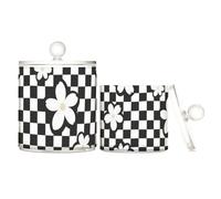 tplaotee Barattoli in plastica trasparente a quadretti bianchi e neri con coperchio, per accessori da ufficio, decorazione per filo interdentale, graffette, confezione da 2