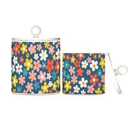 tplaotee Barattoli in plastica trasparente stile country con motivo floreale blu retrò con coperchio per accessori da bagno, contenitori decorativi per cotton fioc, tamponi di cotone, graffette