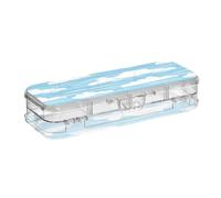 tplaotee Blu cielo e bianco puro motivo a righe Doodle Art progettato scatola di plastica trasparente matita doppia piattaforma penne caso scatole per forniture di cancelleria con scatto e coperchio